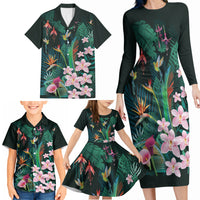 Hawaii Hummingbird Tropical Flowers Family Matching Long Sleeve Bodycon Dress and Hawaiian Shirt Dark Green