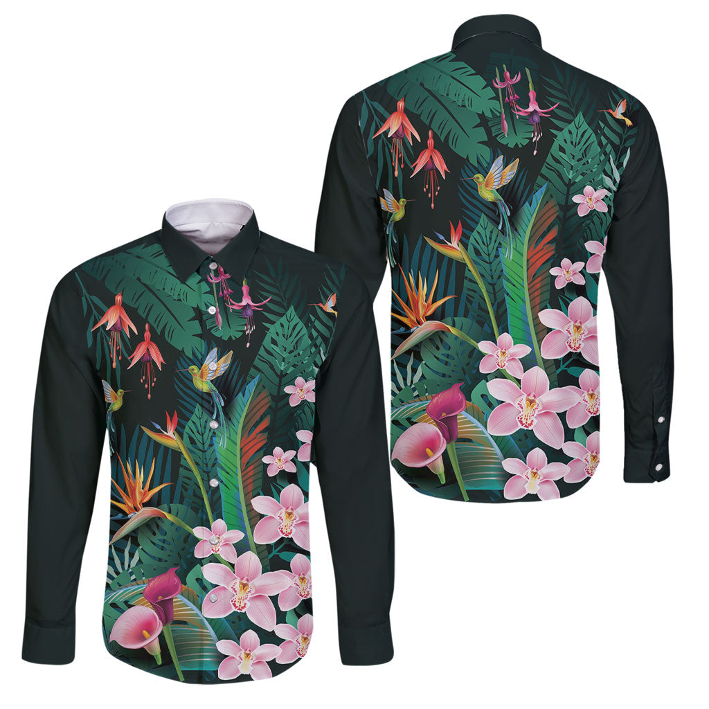 Hawaii Hummingbird Tropical Flowers Family Matching Long Sleeve Bodycon Dress and Hawaiian Shirt Dark Green