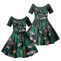 Hawaii Hummingbird Tropical Flowers Family Matching Long Sleeve Bodycon Dress and Hawaiian Shirt Dark Green