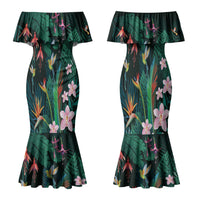 Hawaii Hummingbird Tropical Flowers Family Matching Mermaid Dress and Hawaiian Shirt Dark Green