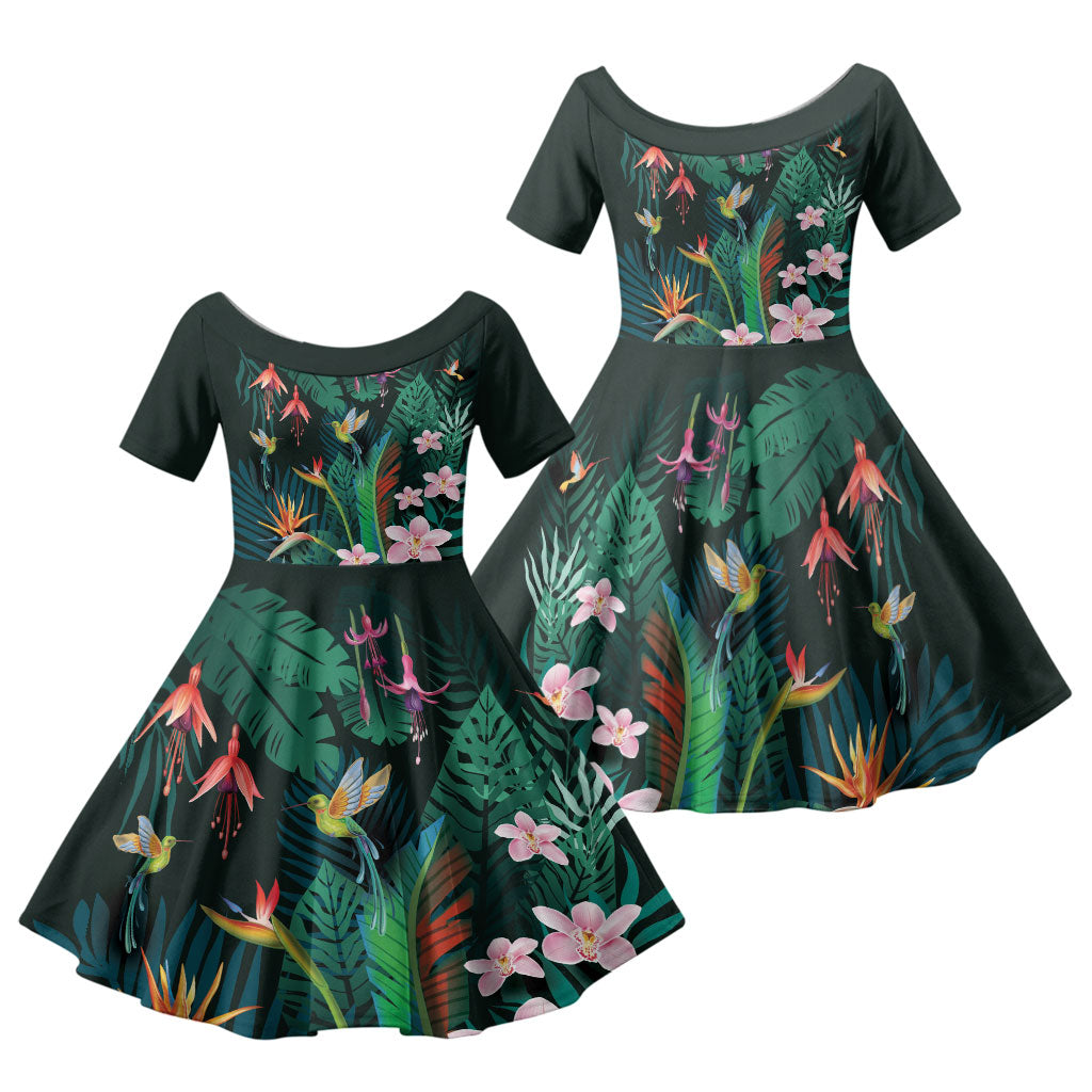 Hawaii Hummingbird Tropical Flowers Family Matching Mermaid Dress and Hawaiian Shirt Dark Green