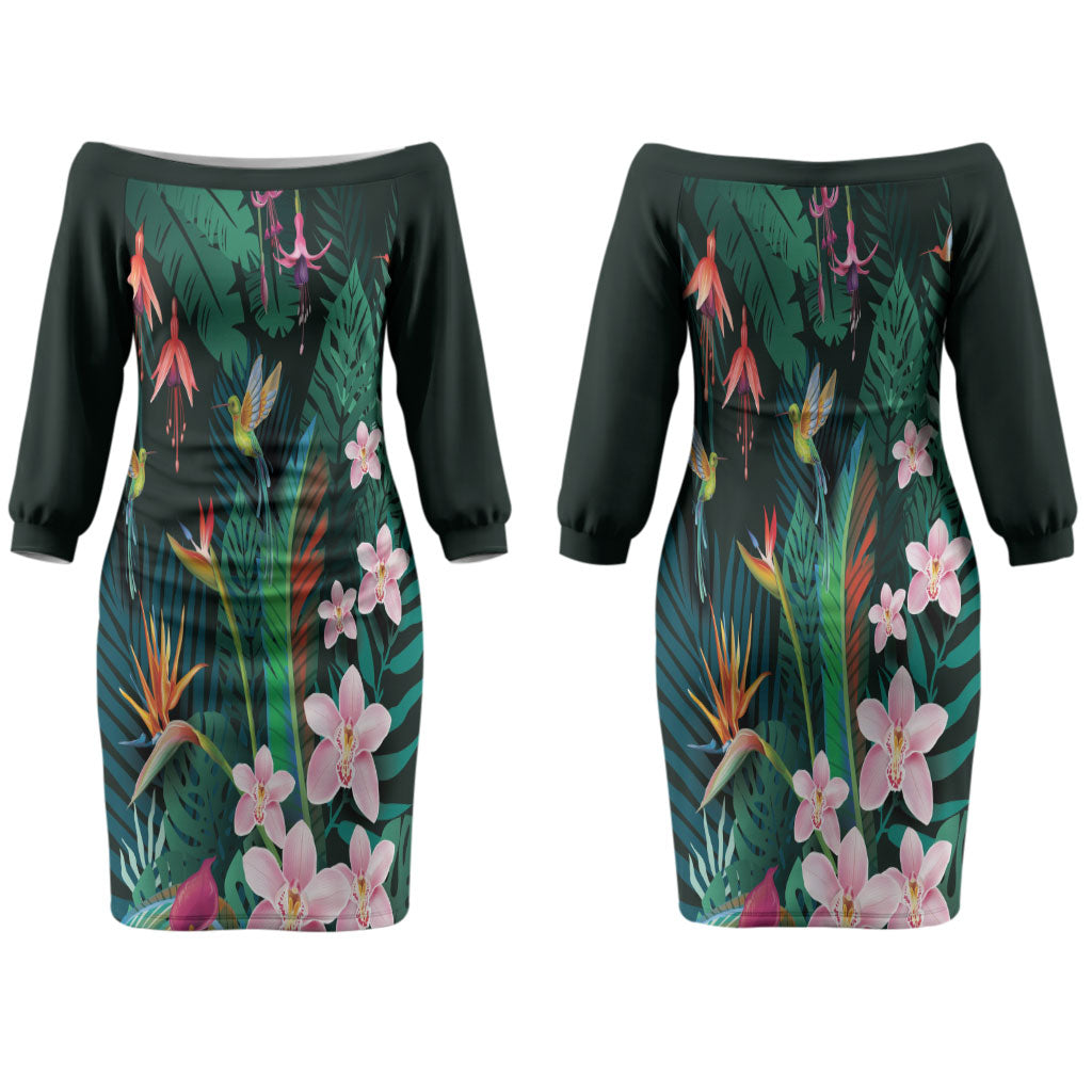 Hawaii Hummingbird Tropical Flowers Family Matching Off The Shoulder Long Sleeve Dress and Hawaiian Shirt Dark Green