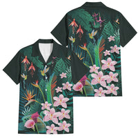 Hawaii Hummingbird Tropical Flowers Family Matching Off The Shoulder Long Sleeve Dress and Hawaiian Shirt Dark Green