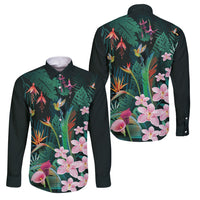 Hawaii Hummingbird Tropical Flowers Family Matching Off The Shoulder Long Sleeve Dress and Hawaiian Shirt Dark Green