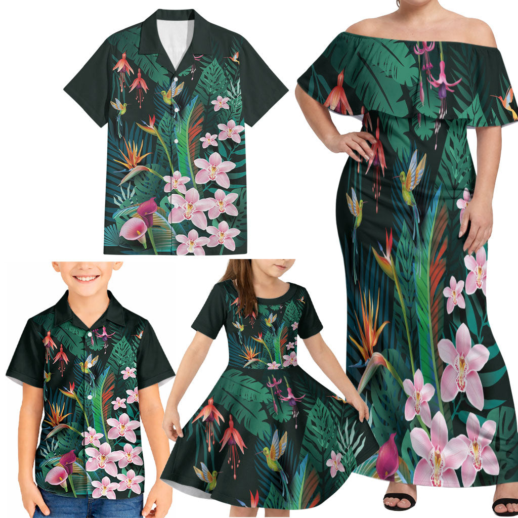 Hawaii Hummingbird Tropical Flowers Family Matching Off Shoulder Maxi Dress and Hawaiian Shirt Dark Green LT01 - Polynesian Pride