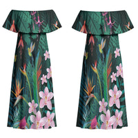 Hawaii Hummingbird Tropical Flowers Family Matching Off Shoulder Maxi Dress and Hawaiian Shirt Dark Green