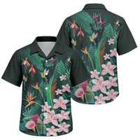 Hawaii Hummingbird Tropical Flowers Family Matching Off Shoulder Maxi Dress and Hawaiian Shirt Dark Green