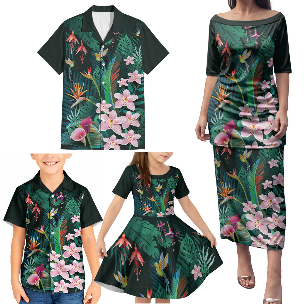 Hawaii Hummingbird Tropical Flowers Family Matching Puletasi and Hawaiian Shirt Dark Green