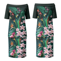 Hawaii Hummingbird Tropical Flowers Family Matching Puletasi and Hawaiian Shirt Dark Green