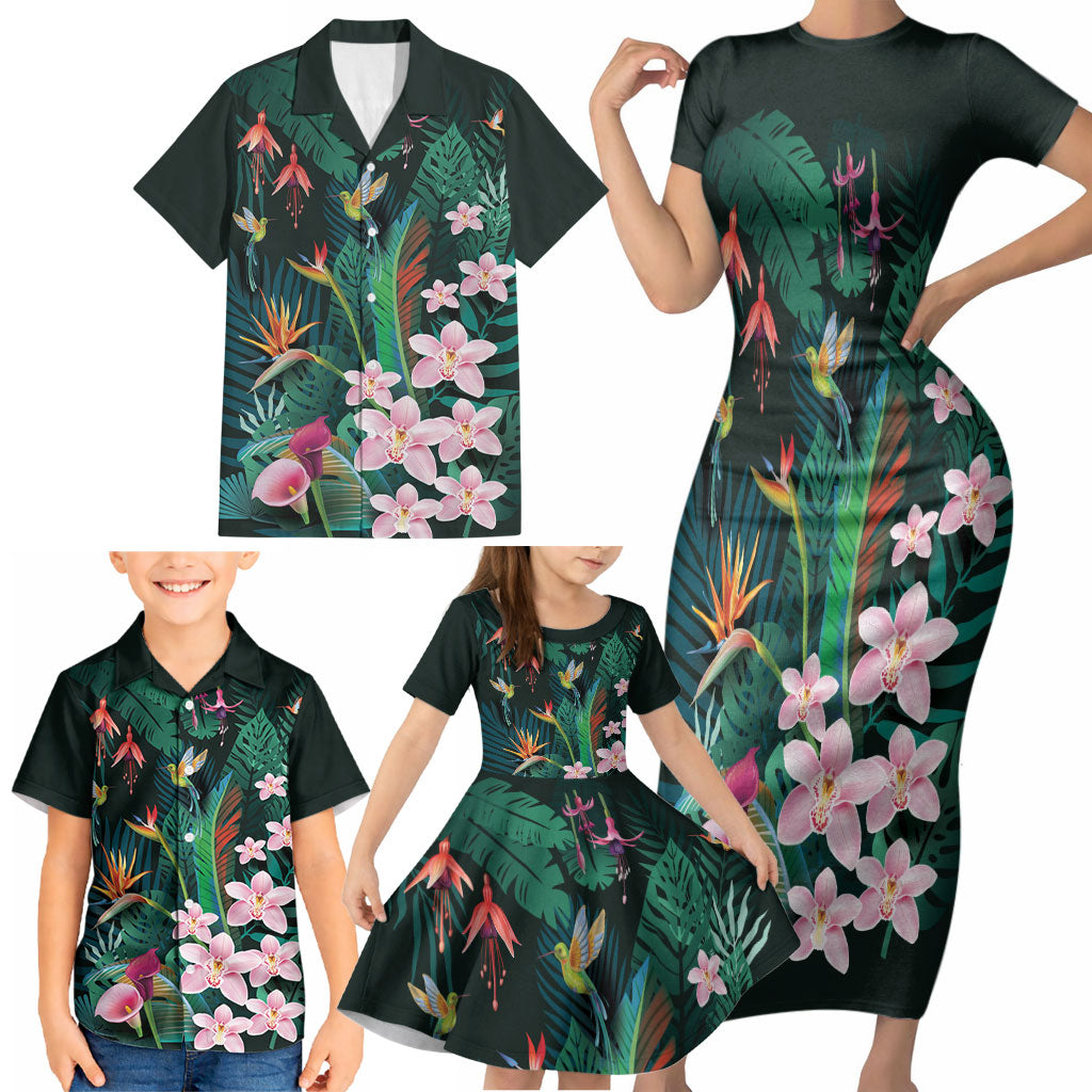 Hawaii Hummingbird Tropical Flowers Family Matching Short Sleeve Bodycon Dress and Hawaiian Shirt Dark Green
