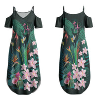 Hawaii Hummingbird Tropical Flowers Family Matching Summer Maxi Dress and Hawaiian Shirt Dark Green
