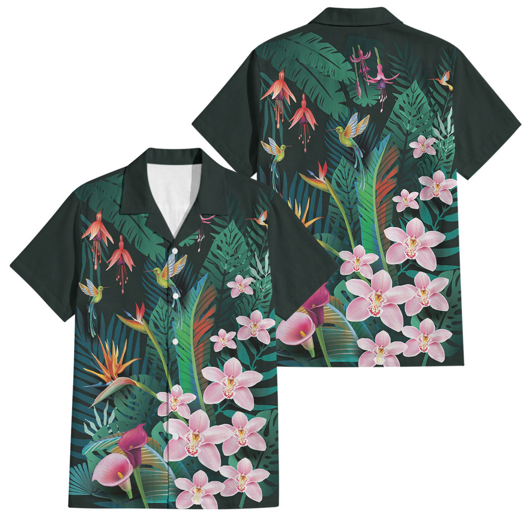 Hawaii Hummingbird Tropical Flowers Family Matching Summer Maxi Dress and Hawaiian Shirt Dark Green