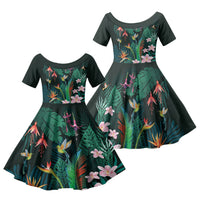 Hawaii Hummingbird Tropical Flowers Family Matching Summer Maxi Dress and Hawaiian Shirt Dark Green