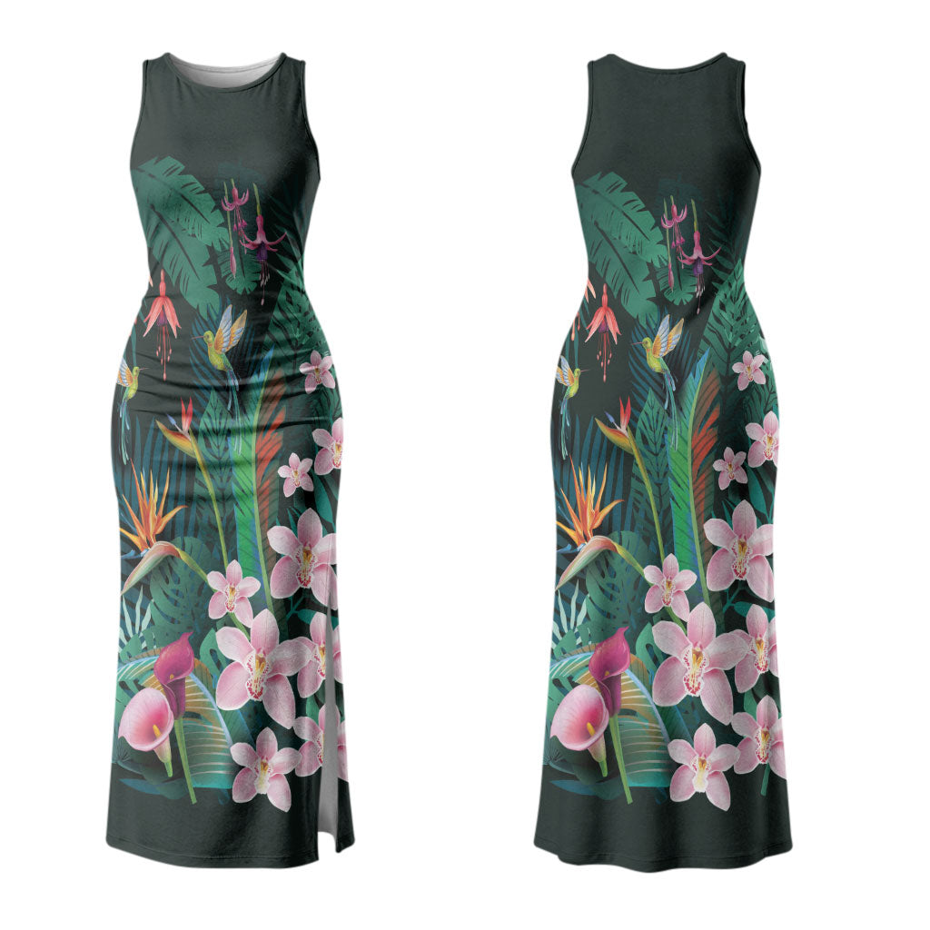 Hawaii Hummingbird Tropical Flowers Family Matching Tank Maxi Dress and Hawaiian Shirt Dark Green