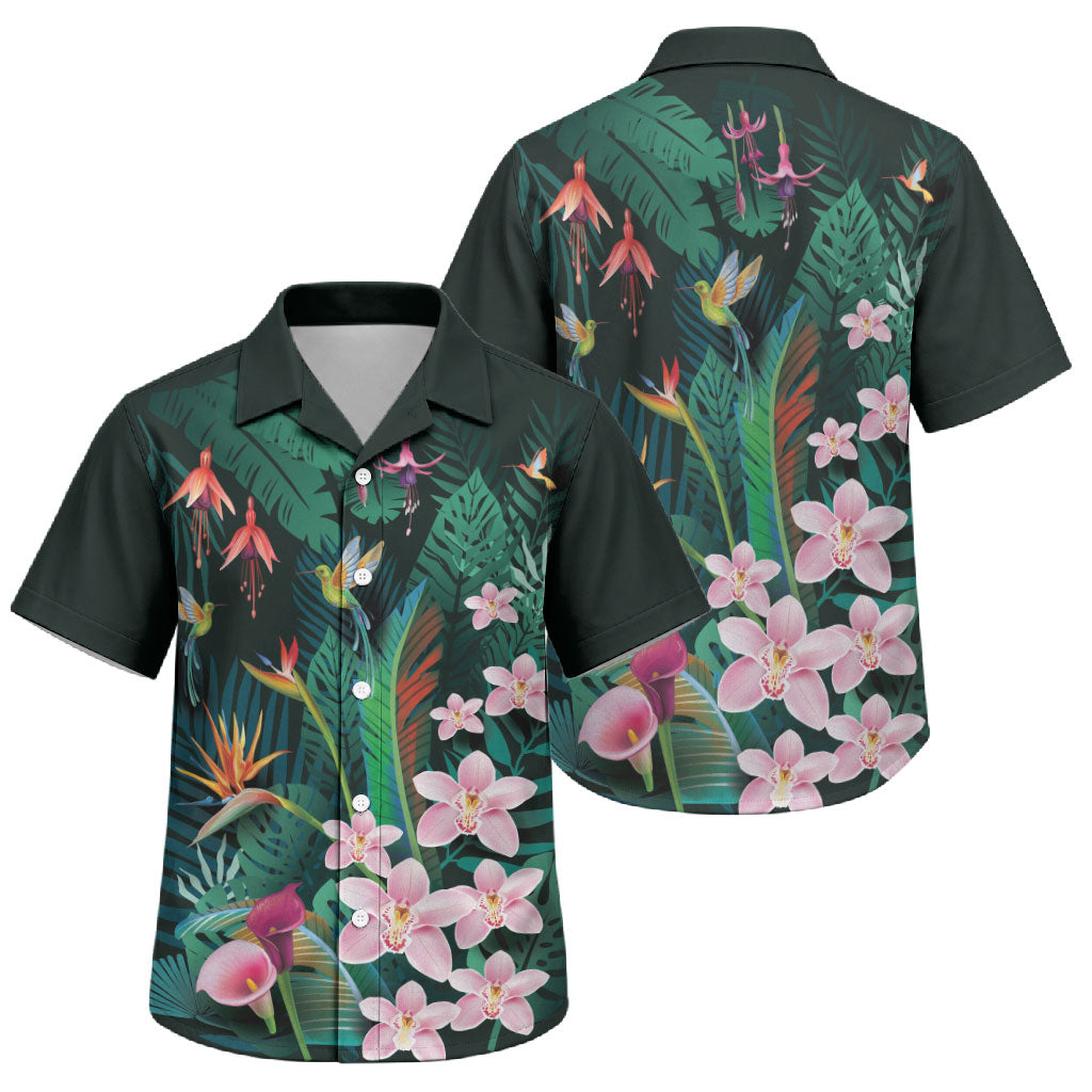 Hawaii Hummingbird Tropical Flowers Family Matching Tank Maxi Dress and Hawaiian Shirt Dark Green