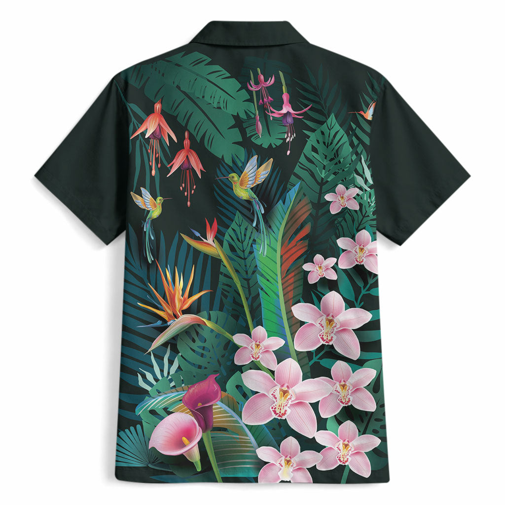 Hawaii Hummingbird Tropical Flowers Hawaiian Shirt Dark Green