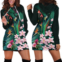 Hawaii Hummingbird Tropical Flowers Hoodie Dress Dark Green