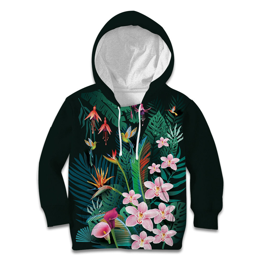 Hawaii Hummingbird Tropical Flowers Kid Hoodie Dark Green