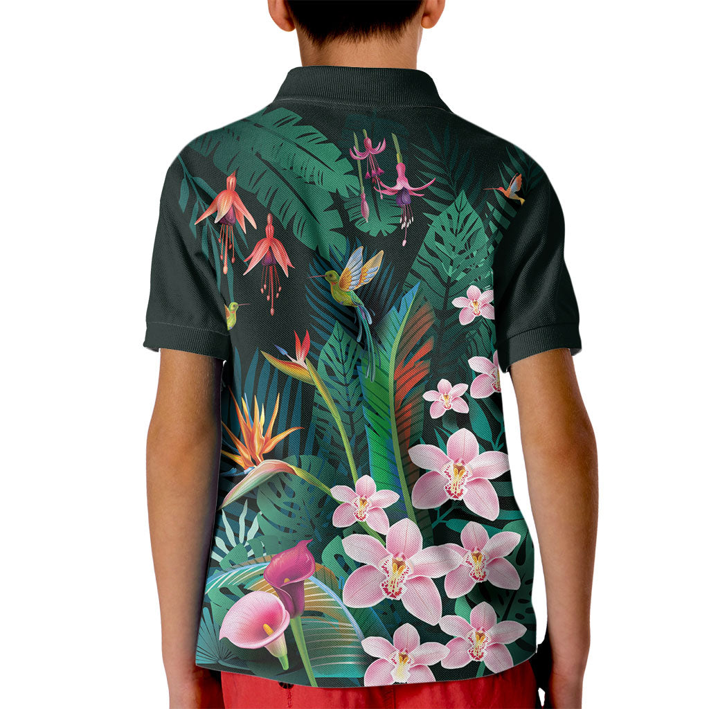Hawaii Hummingbird Tropical Flowers Kid Polo Shirt Dark Green