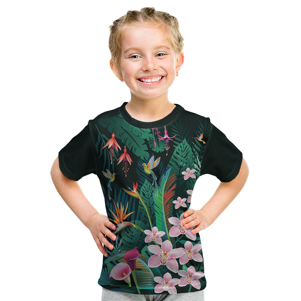 Hawaii Hummingbird Tropical Flowers Kid T Shirt Dark Green