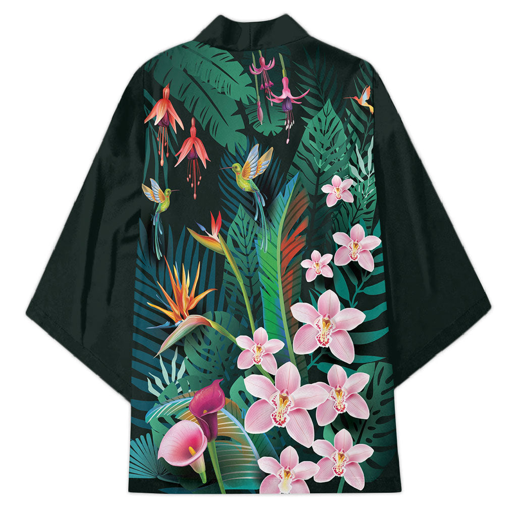 Hawaii Hummingbird Tropical Flowers Kimono Dark Green