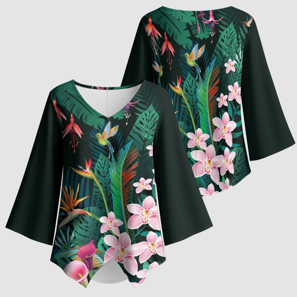 Hawaii Hummingbird Tropical Flowers Kimono Sleeve Blouse Dark Green