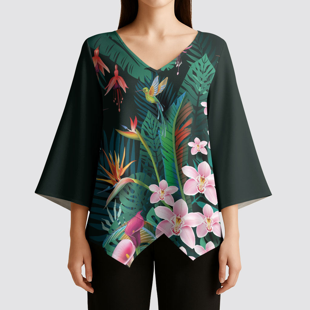 Hawaii Hummingbird Tropical Flowers Kimono Sleeve Blouse Dark Green
