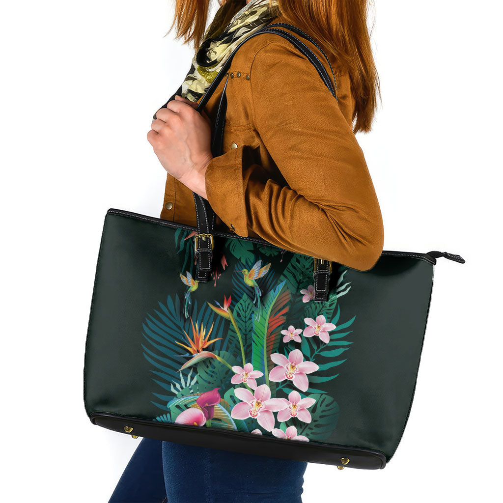 Hawaii Hummingbird Tropical Flowers Leather Tote Bag Dark Green