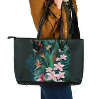 Hawaii Hummingbird Tropical Flowers Leather Tote Bag Dark Green