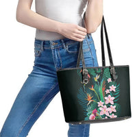 Hawaii Hummingbird Tropical Flowers Leather Tote Bag Dark Green