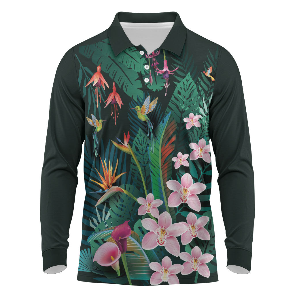 Hawaii Hummingbird Tropical Flowers Long Sleeve Polo Shirt Dark Green