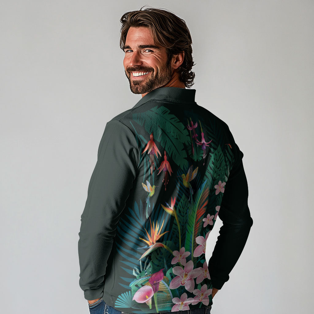 Hawaii Hummingbird Tropical Flowers Long Sleeve Polo Shirt Dark Green