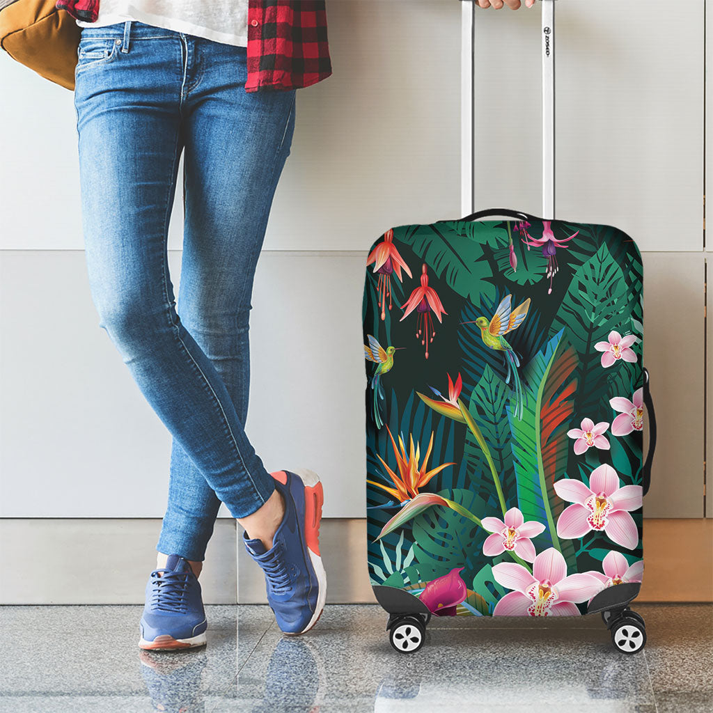 Hawaii Hummingbird Tropical Flowers Luggage Cover Dark Green