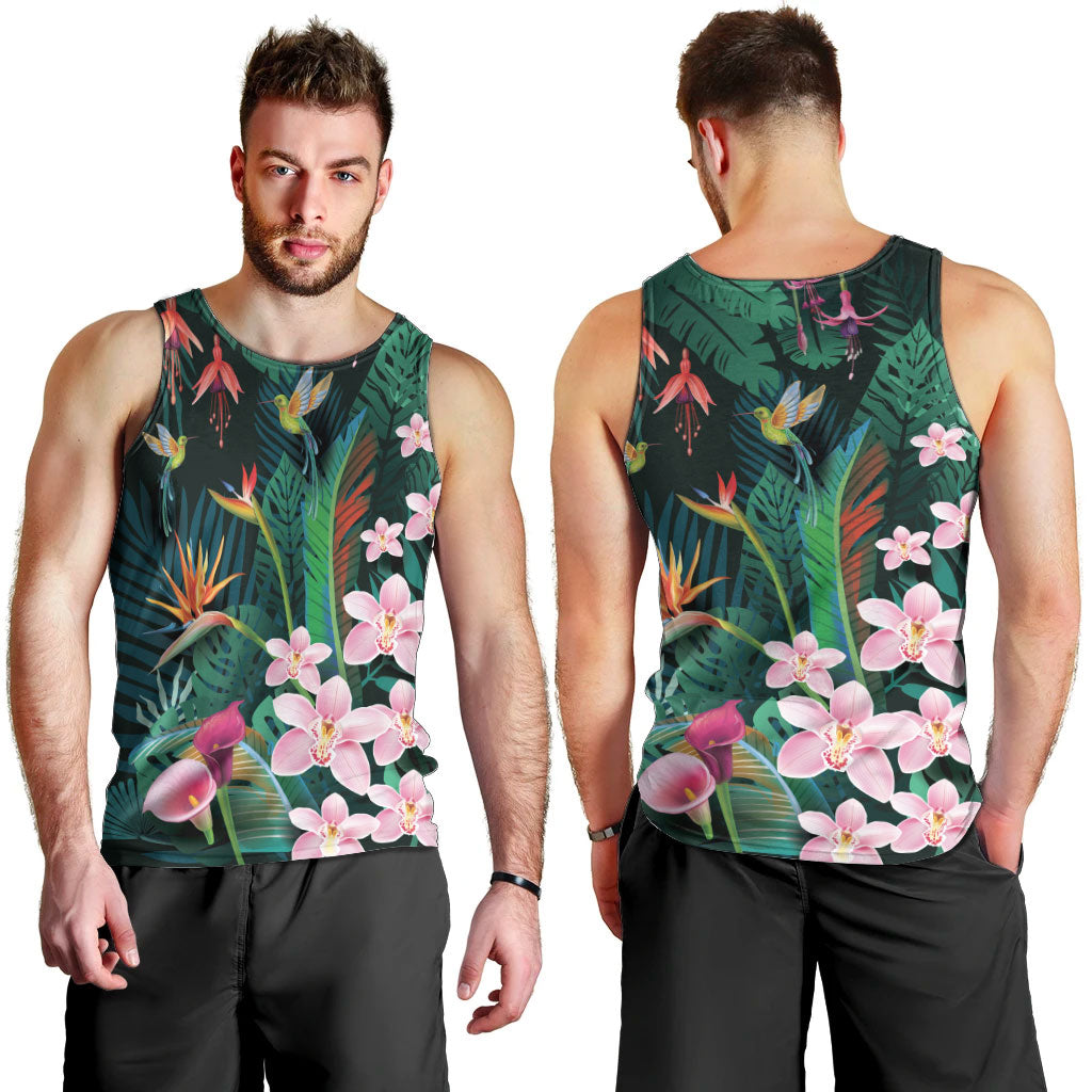 Hawaii Hummingbird Tropical Flowers Men Tank Top Dark Green