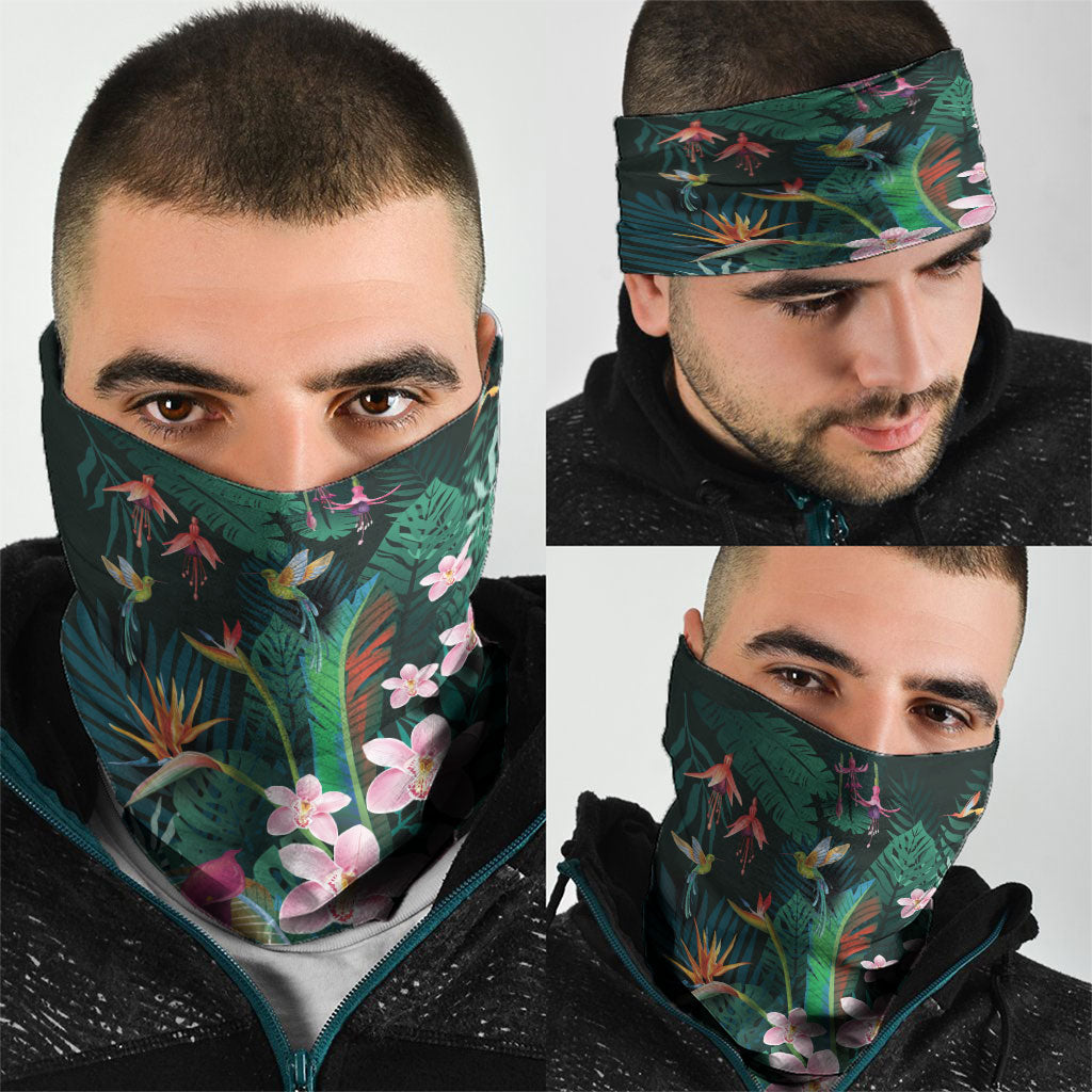 Hawaii Hummingbird Tropical Flowers Neck Gaiter Dark Green