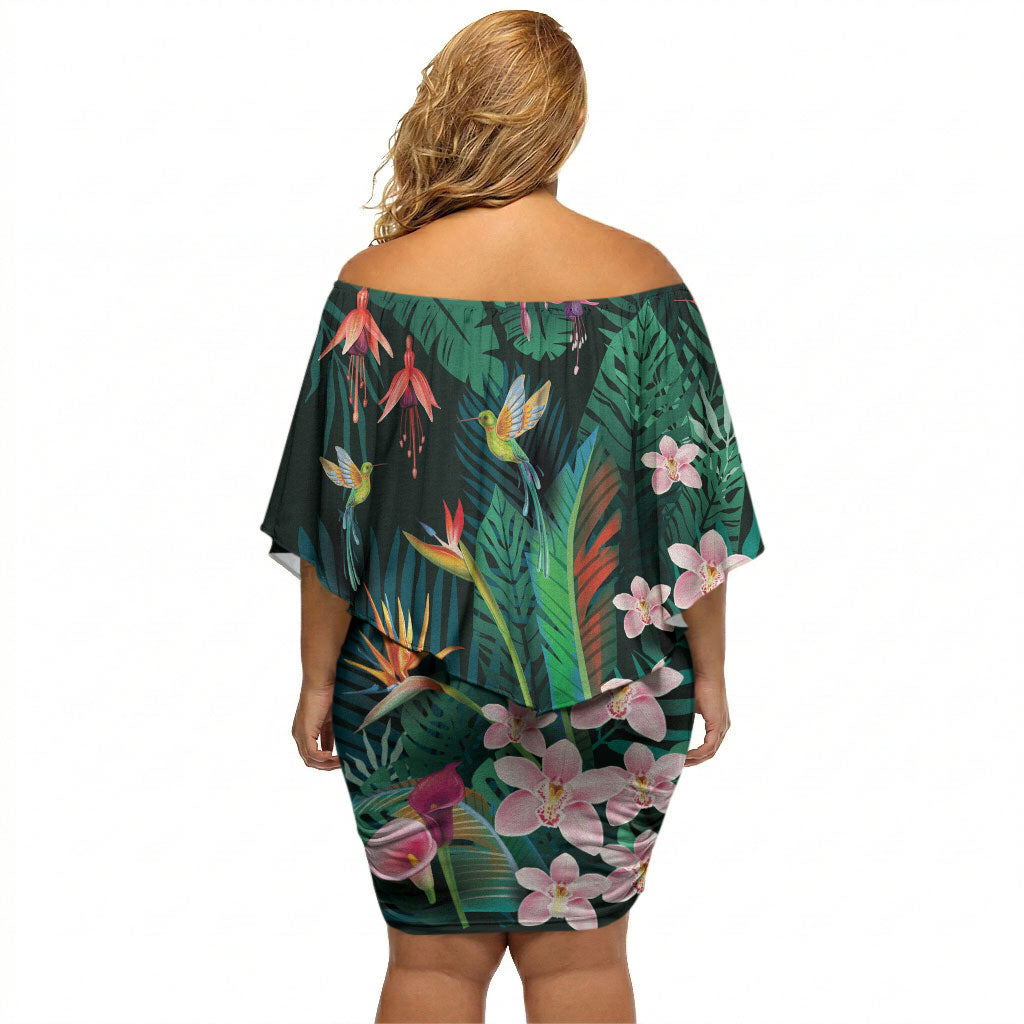 Hawaii Hummingbird Tropical Flowers Off Shoulder Short Dress Dark Green