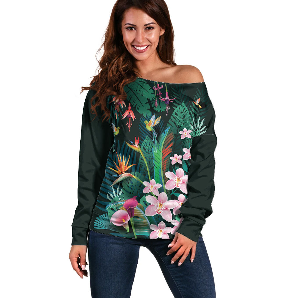 Hawaii Hummingbird Tropical Flowers Off Shoulder Sweater Dark Green