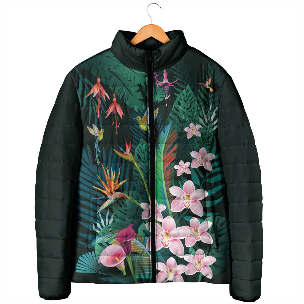 Hawaii Hummingbird Tropical Flowers Padded Jacket Dark Green