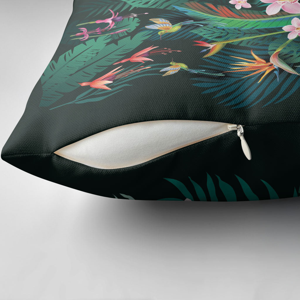 Hawaii Hummingbird Tropical Flowers Pillow Cover Dark Green