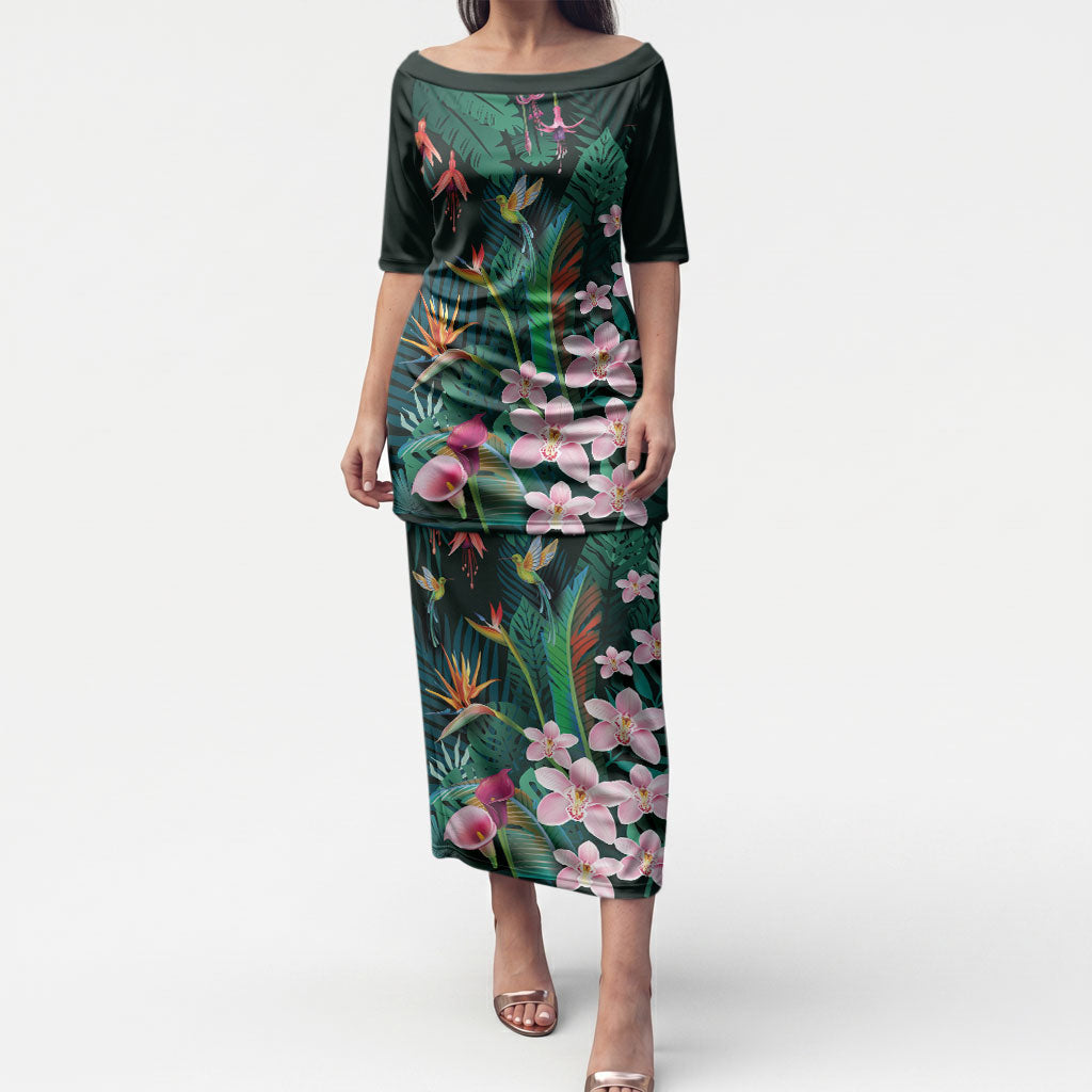 Hawaii Hummingbird Tropical Flowers Puletasi Dark Green