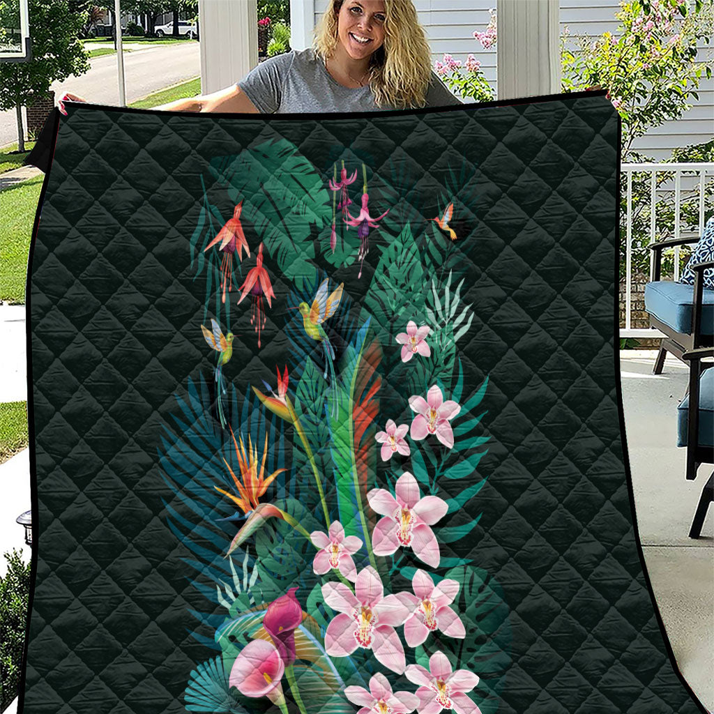 Hawaii Hummingbird Tropical Flowers Quilt Dark Green