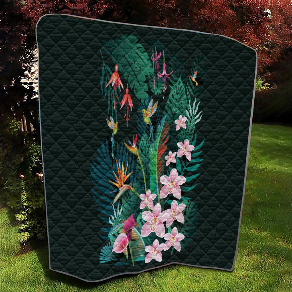 Hawaii Hummingbird Tropical Flowers Quilt Dark Green