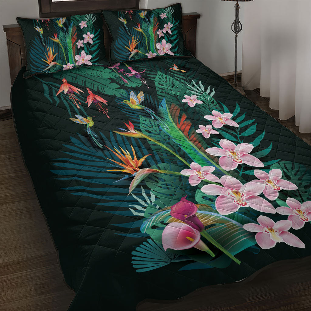 Hawaii Hummingbird Tropical Flowers Quilt Bed Set Dark Green