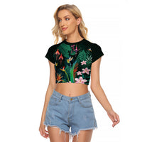 Hawaii Hummingbird Tropical Flowers Raglan Cropped T Shirt Dark Green