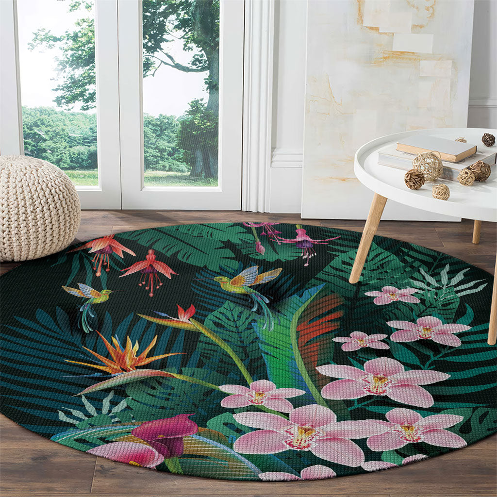 Hawaii Hummingbird Tropical Flowers Round Carpet Dark Green
