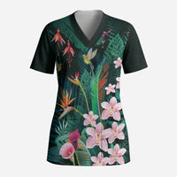 Hawaii Hummingbird Tropical Flowers Scrub Top Dark Green