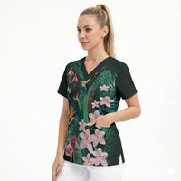 Hawaii Hummingbird Tropical Flowers Scrub Top Dark Green