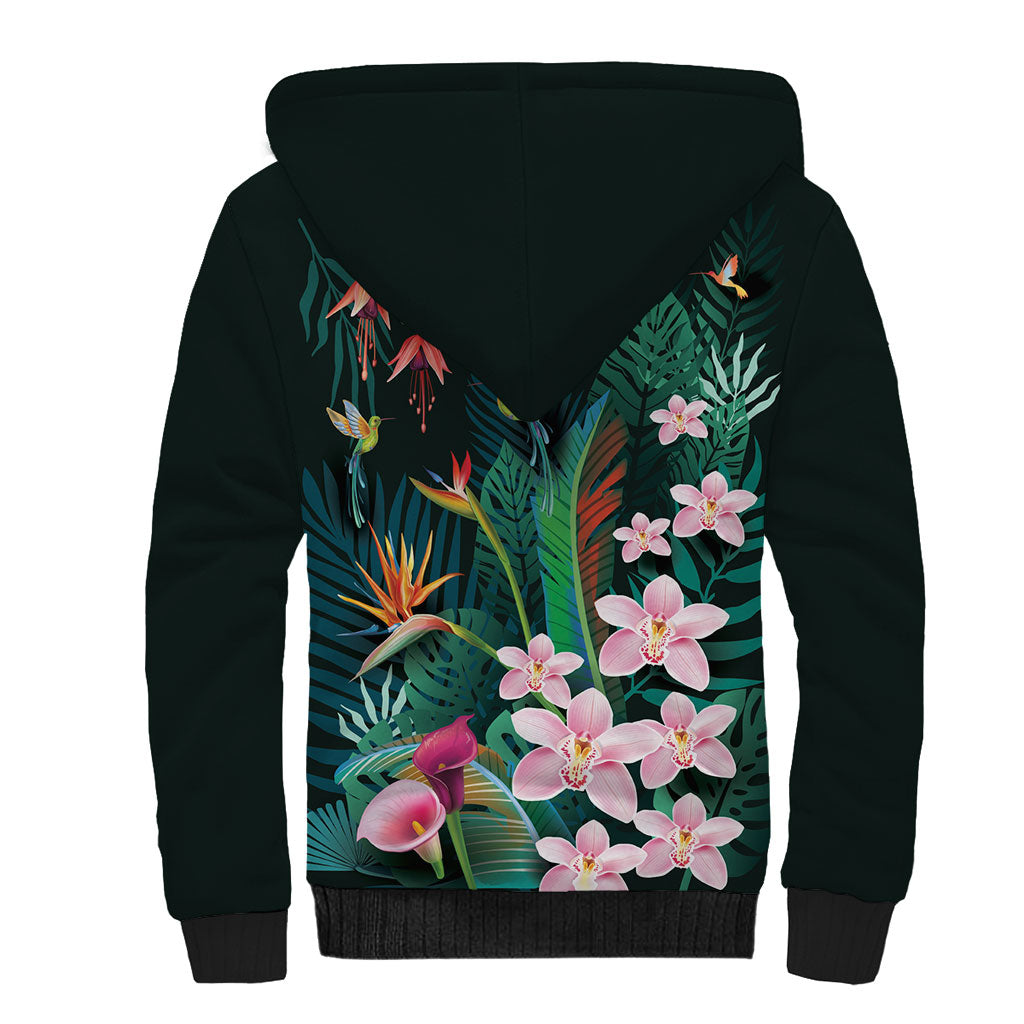 Hawaii Hummingbird Tropical Flowers Sherpa Hoodie Dark Green