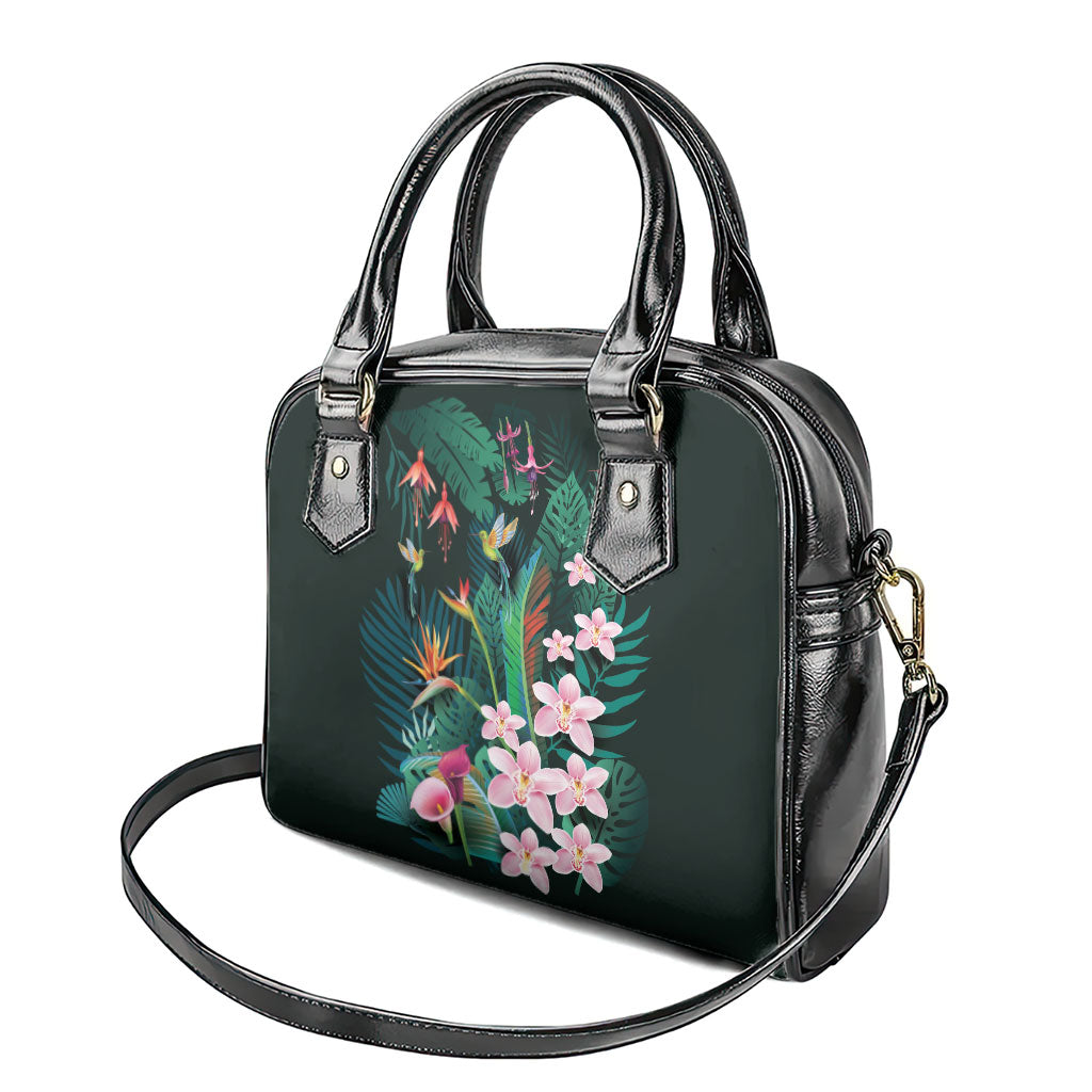 Hawaii Hummingbird Tropical Flowers Shoulder Handbag Dark Green