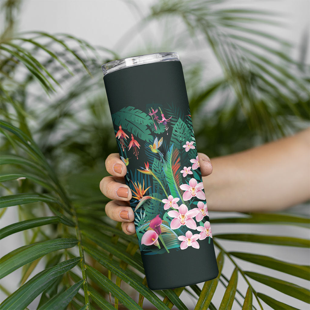Hawaii Hummingbird Tropical Flowers Skinny Tumbler Dark Green